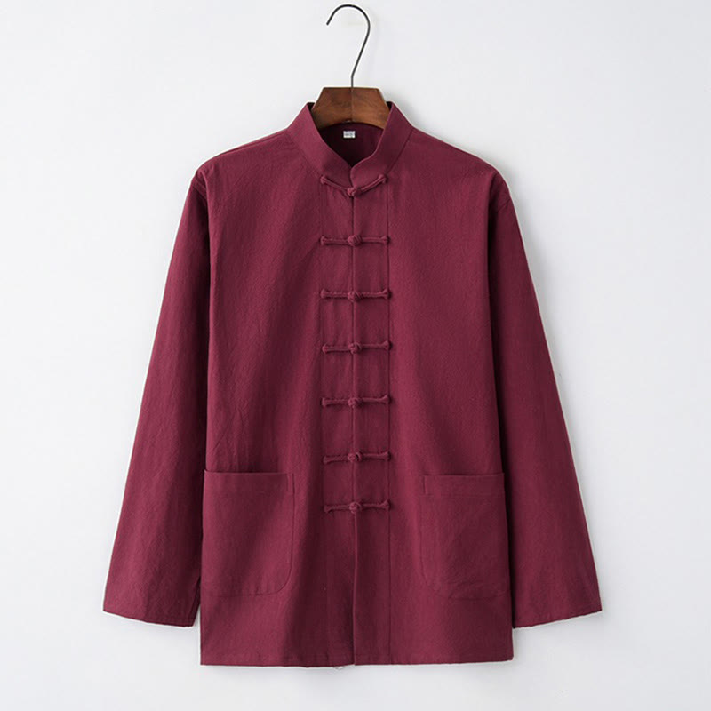 Buddha Stones Tang Frog-Button Long Sleeve Shirt Cotton Men's Clothing - Crimson - US/UK/AU44，EU54 (4XL) - image 5