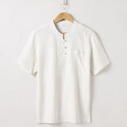 Foviel Loose Men's Shirt Solid Color Notched Neck Top Short Sleeve Comfy Button Breathable Cotton Linen Shirt