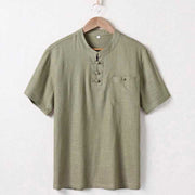 Foviel Loose Men's Shirt Solid Color Notched Neck Top Short Sleeve Comfy Button Breathable Cotton Linen Shirt