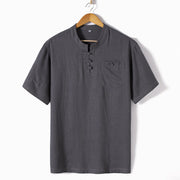 Foviel Loose Men's Shirt Solid Color Notched Neck Top Short Sleeve Comfy Button Breathable Cotton Linen Shirt