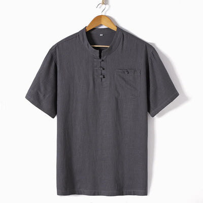 Buddha Stones Loose Men's Shirt Solid Color Notched Neck Top Short Sleeve Comfy Button Breathable Cotton Linen Shirt - Dark Gray - US/UK/AU46，EU56 (5XL)  - image 3