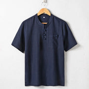 Foviel Loose Men's Shirt Solid Color Notched Neck Top Short Sleeve Comfy Button Breathable Cotton Linen Shirt