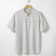 Foviel Loose Men's Shirt Solid Color Notched Neck Top Short Sleeve Comfy Button Breathable Cotton Linen Shirt