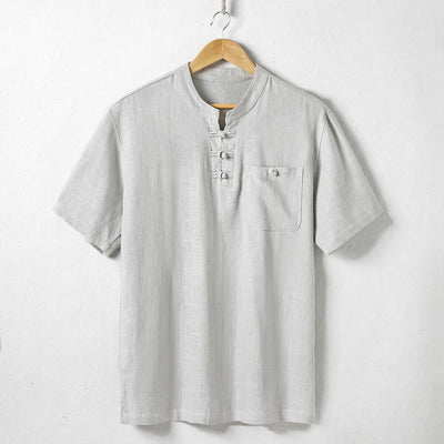 Buddha Stones Loose Men's Shirt Solid Color Notched Neck Top Short Sleeve Comfy Button Breathable Cotton Linen Shirt - Gainsboro - US/UK/AU46，EU56 (5XL)  - image 4