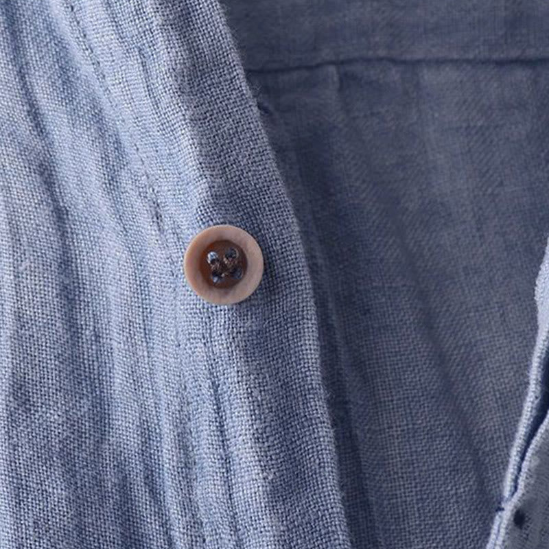 Buddha Stones Men's Shirt Solid Color Lapel Top Short Sleeve Comfy Button Crease Cotton Linen Shirt - image 3