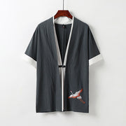 Foviel Fake Two-piece Men's Half Sleeve Embroidery Hanfu Comfort Cotton Kimono