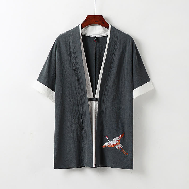 Buddha Stones Fake Two-piece Men's Half Sleeve Embroidery Hanfu Comfort Cotton Kimono - Gray - US/UK/AU54，EU64 (9XL) - image 11