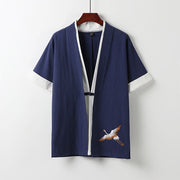 Foviel Fake Two-piece Men's Half Sleeve Embroidery Hanfu Comfort Cotton Kimono