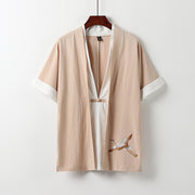 Foviel Fake Two-piece Men's Half Sleeve Embroidery Hanfu Comfort Cotton Kimono