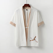 Foviel Fake Two-piece Men's Half Sleeve Embroidery Hanfu Comfort Cotton Kimono