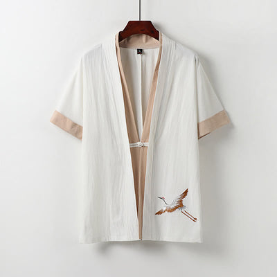 Buddha Stones Fake Two-piece Men's Half Sleeve Embroidery Hanfu Comfort Cotton Kimono - White - US/UK/AU54，EU64 (9XL) - image 0