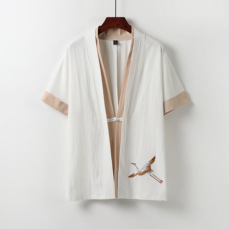 Buddha Stones Fake Two-piece Men's Half Sleeve Embroidery Hanfu Comfort Cotton Kimono - White - US/UK/AU54，EU64 (9XL) - image 0