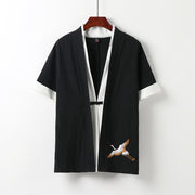 Foviel Fake Two-piece Men's Half Sleeve Embroidery Hanfu Comfort Cotton Kimono