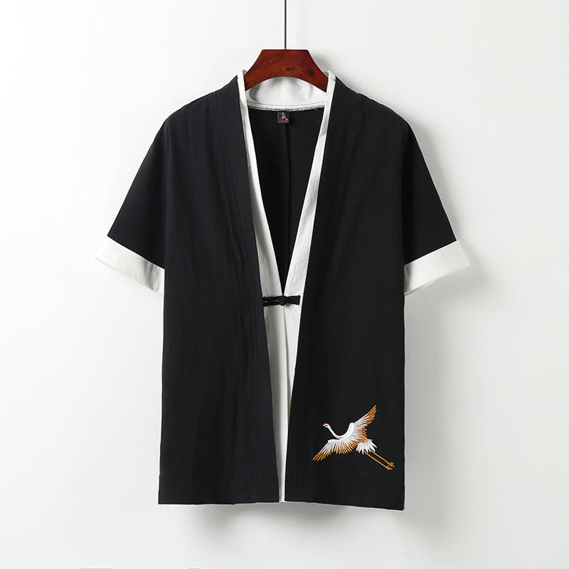 Buddha Stones Fake Two-piece Men's Half Sleeve Embroidery Hanfu Comfort Cotton Kimono - Black - US/UK/AU54，EU64 (9XL) - image 1