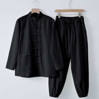 Buddha Stones Meditation Frog-Button Tang Long Sleeve Shirt Pants Men's Suit - Black Shirt&Black Pant - US/UK/AU44，EU54 (4XL) - image 17