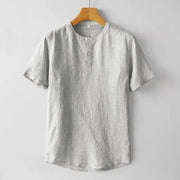 Foviel Summer Men's Solid Color Button Short Sleeve Cotton Linen Shirt