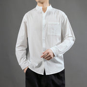 Foviel Men's Long Sleeve Shirt With Pocket Stand Collar Comfort Shirt