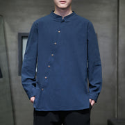 Foviel Men's Long Sleeve Shirt Stand Collar Comfort Cotton Linen Shirt