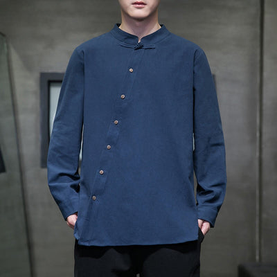 Buddha Stones Men's Long Sleeve Shirt Stand Collar Comfort Cotton Linen Shirt - DarkBlue - US/UK/AU46，EU56 (5XL) - image 6