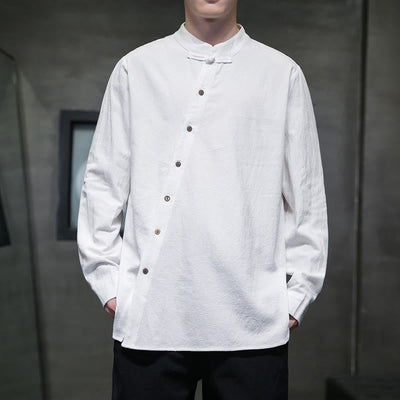 Buddha Stones Men's Long Sleeve Shirt Stand Collar Comfort Cotton Linen Shirt - White - US/UK/AU46，EU56 (5XL) - image 0