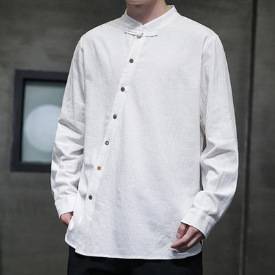 Buddha Stones Men's Long Sleeve Shirt Stand Collar Comfort Cotton Linen Shirt - image 1