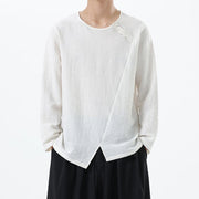 Foviel Men's Long Sleeve Round Collar Comfort Cotton Linen Shirt