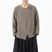 Foviel Men's Long Sleeve Round Collar Comfort Cotton Linen Shirt