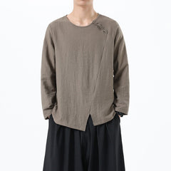 Buddha Stones Men's Long Sleeve Round Collar Comfort Cotton Linen Shirt - Tan - US/UK/AU46，EU56 (5XL) - image 0