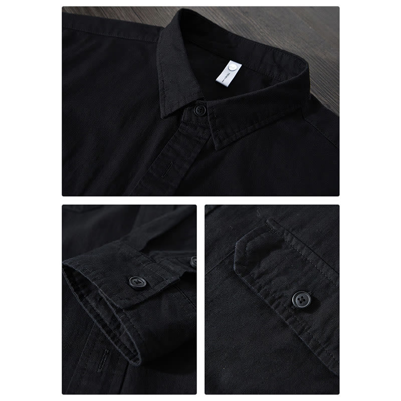 Foviel Men's Long Sleeve Turn-down Collar With Pocket Pure Color Casual Cotton Shirt