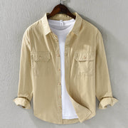 Foviel Men's Long Sleeve Turn-down Collar With Pocket Pure Color Casual Cotton Shirt