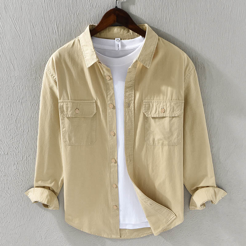 Foviel Men's Long Sleeve Turn-down Collar With Pocket Pure Color Casual Cotton Shirt