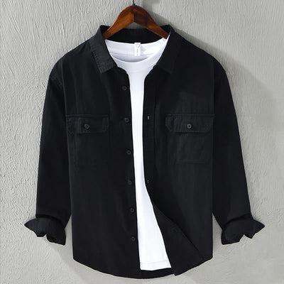 Foviel Men's Long Sleeve Turn-down Collar With Pocket Pure Color Casual Cotton Shirt