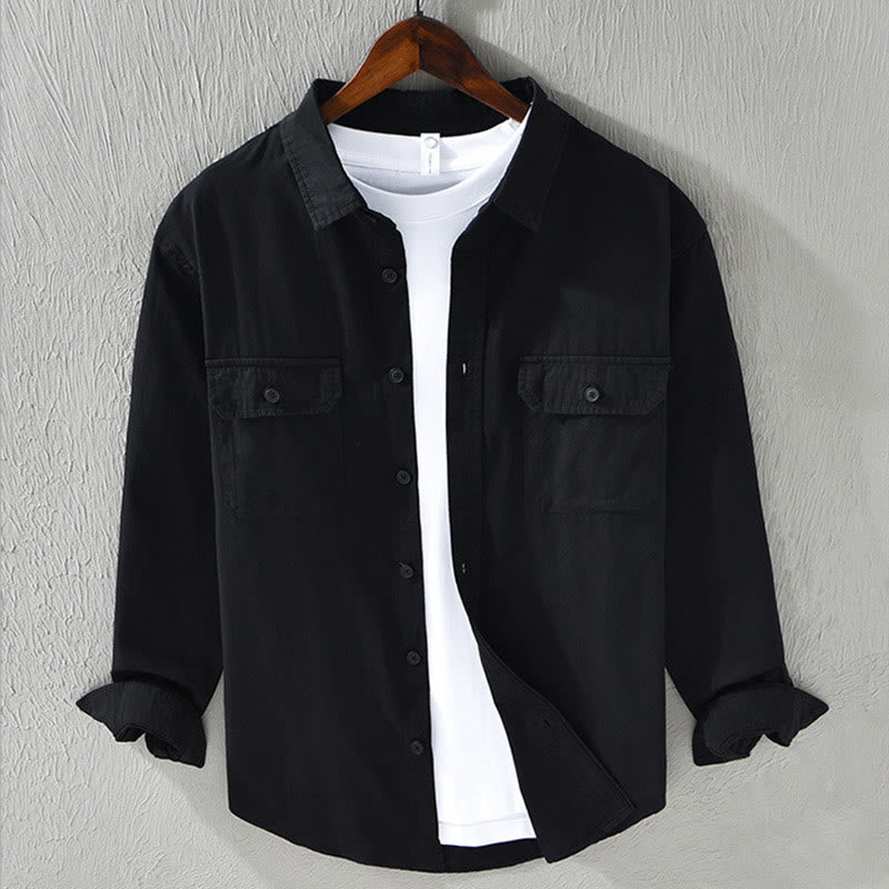 Foviel Men's Long Sleeve Turn-down Collar With Pocket Pure Color Casual Cotton Shirt