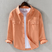 Foviel Men's Long Sleeve Turn-down Collar With Pocket Pure Color Casual Cotton Shirt
