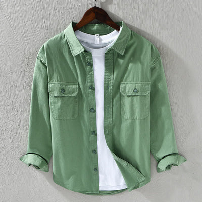 Foviel Men's Long Sleeve Turn-down Collar With Pocket Pure Color Casual Cotton Shirt