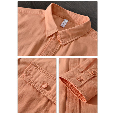 Foviel Men's Long Sleeve Turn-down Collar With Pocket Pure Color Casual Cotton Shirt