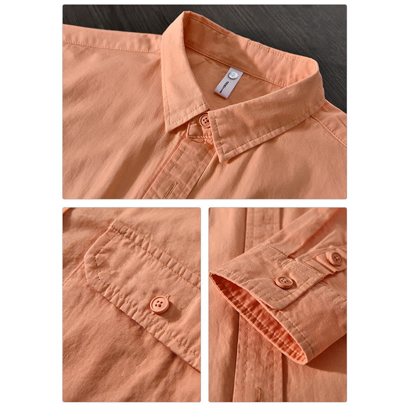 Foviel Men's Long Sleeve Turn-down Collar With Pocket Pure Color Casual Cotton Shirt