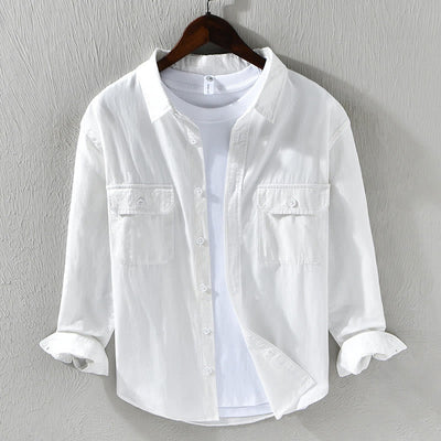Foviel Men's Long Sleeve Turn-down Collar With Pocket Pure Color Casual Cotton Shirt