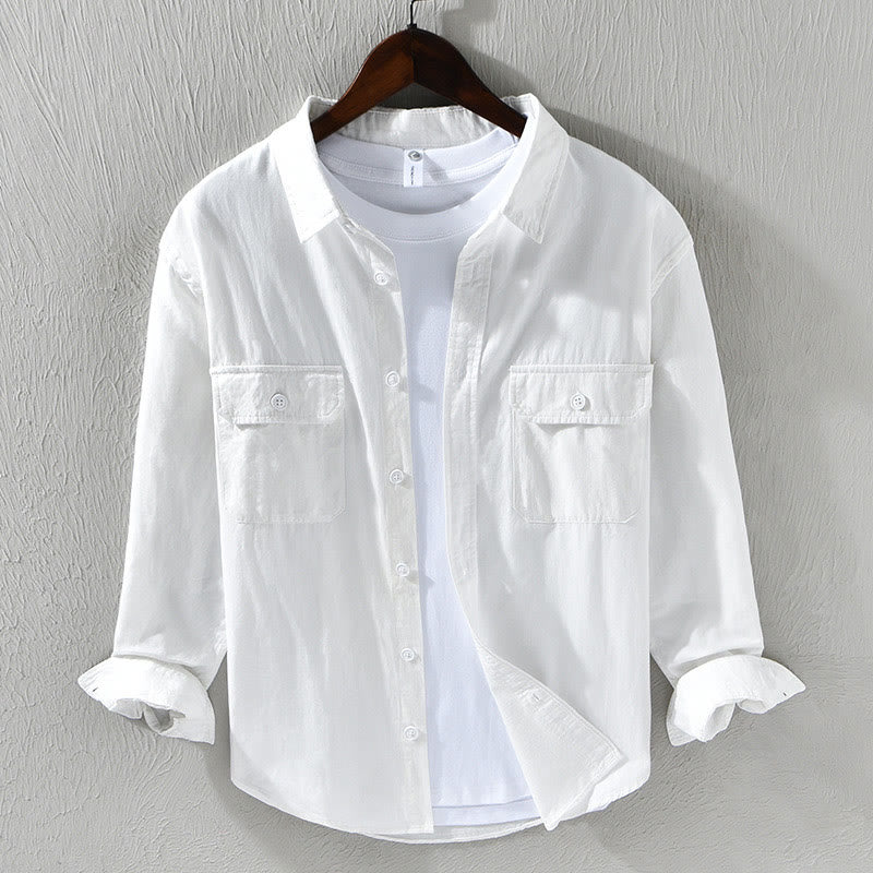Foviel Men's Long Sleeve Turn-down Collar With Pocket Pure Color Casual Cotton Shirt