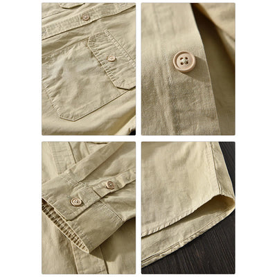 Foviel Men's Long Sleeve Turn-down Collar With Pocket Pure Color Casual Cotton Shirt