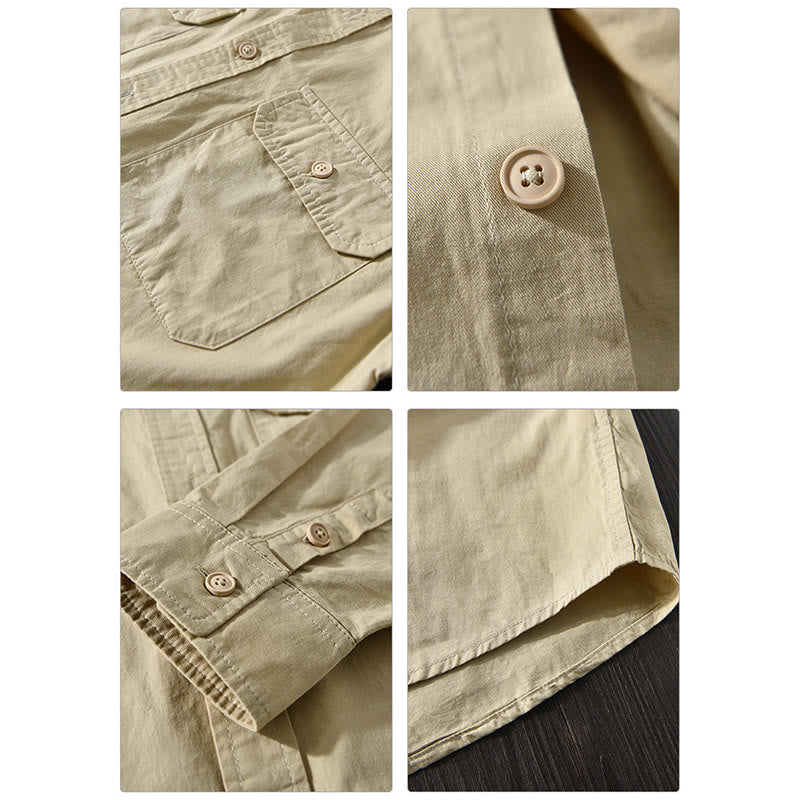 Foviel Men's Long Sleeve Turn-down Collar With Pocket Pure Color Casual Cotton Shirt