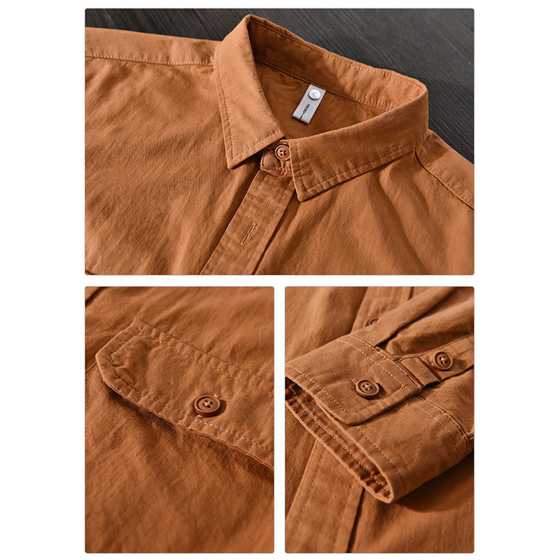 Foviel Men's Long Sleeve Turn-down Collar With Pocket Pure Color Casual Cotton Shirt