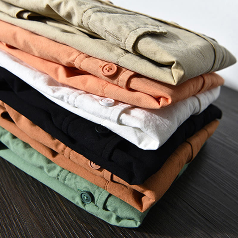 Foviel Men's Long Sleeve Turn-down Collar With Pocket Pure Color Casual Cotton Shirt