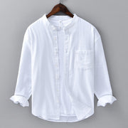 Foviel Men's Long Sleeve Stand Collar With Pocket Pure Color Casual Cotton Linen Shirt