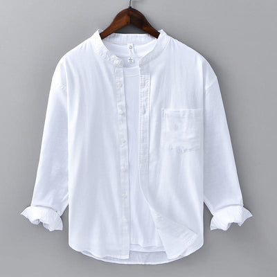 Buddha Stones Men's Long Sleeve Stand Collar With Pocket Pure Color Casual Cotton Linen Shirt - White - US/UK/AU40，EU50 (3XL) - image 5