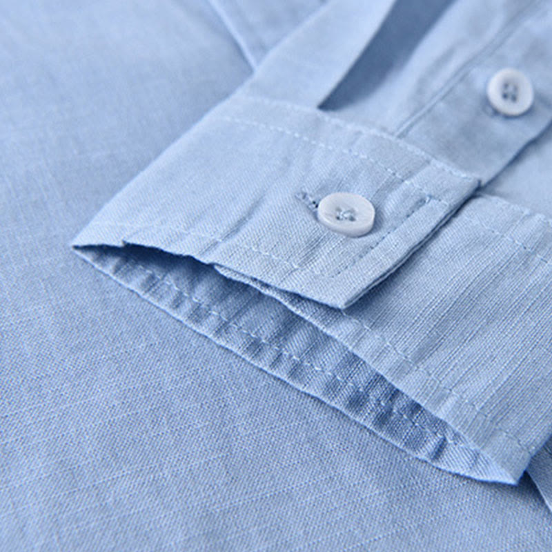 Buddha Stones Men's Long Sleeve Stand Collar With Pocket Pure Color Casual Cotton Linen Shirt - image 13