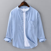 Foviel Men's Long Sleeve Stand Collar With Pocket Pure Color Casual Cotton Linen Shirt