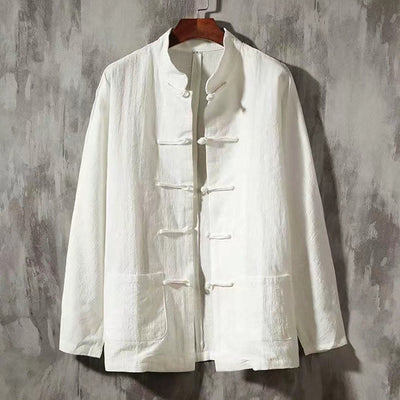 Buddha Stones Men's Tang Long Sleeve Shirt Frog Button With Pocket Stand Collar Comfort Shirt - White - US/UK/AU44，EU54 (5XL) - image 0