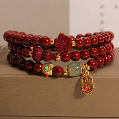 Buddha Stones Cinnabar Fu Character Flower Gourd Triple Wrap Blessing Bracelet Bracelet BS Cinnabar (Wrist Circumference 16-18cm)