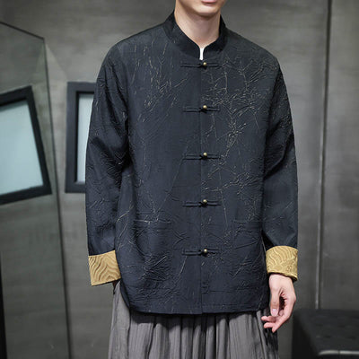 Buddha Stones Tang Suit Casual Frog-button Long Sleeve Nylon Men's Jacket Shirt Clothing - Black - US/UK/AU46，EU56 (5XL) - image 0